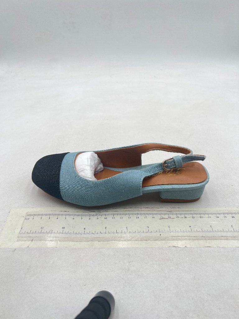 Fowt Blue Denim Square Toe Slingback Block Heel Casual Comfortable Party Pumps